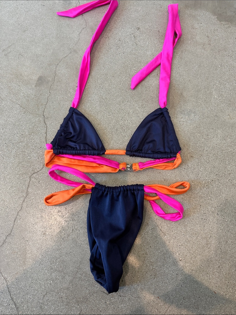 ONEONE Navy Triangle Bikini with Hot Pink & Orange Ties Retro Satin NWOT